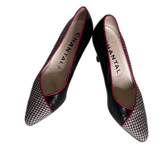 Vintage Chantal Italian Half Houndstooth Half Black Leather 3 Heels Red Trim 8.5 - Picture 5 of 10